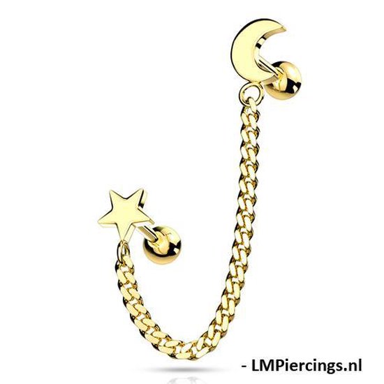 Helix piercing ketting met maan en ster gold plated