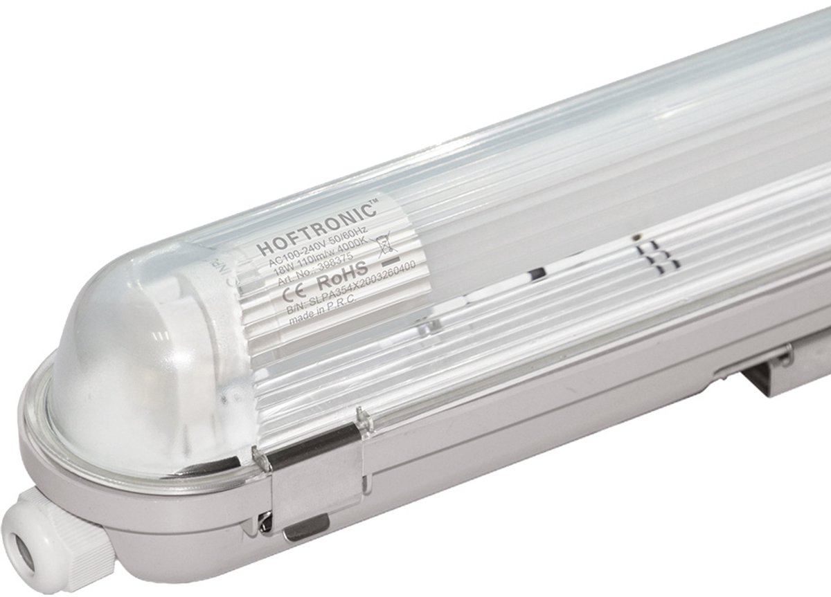 HOFTRONIC LED TL armatuur 120cm - IP65 waterdicht - Incl. 18 Watt 1700lm (110lm/W) LED TL buizen - 4000K Neutraal wit licht 840 - Flikkervrij - 30.000 branduren - 3 jaar garantie - RVS Clips Transparant