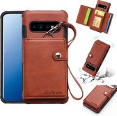 Voor Galaxy S10 Plus schokbestendige pc + TPU-beschermhoes, met kaartsleuven en portemonnee en fotolijst en lanyard (bruin)