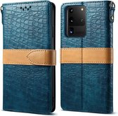 Voor Galaxy S20 Ultra Splicing Color Crocodile Texture PU Horizontal Flip Leather Case met portemonnee & houder & kaartsleuven & lanyard (blauw)