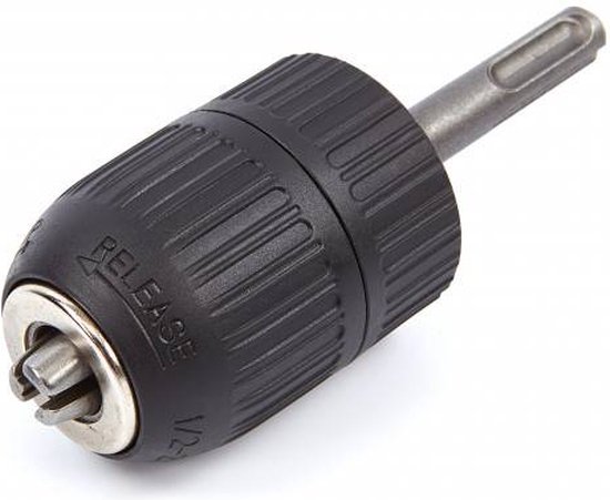 Zwarte snelspanboorkop met metalen SDS-stift ingebracht.