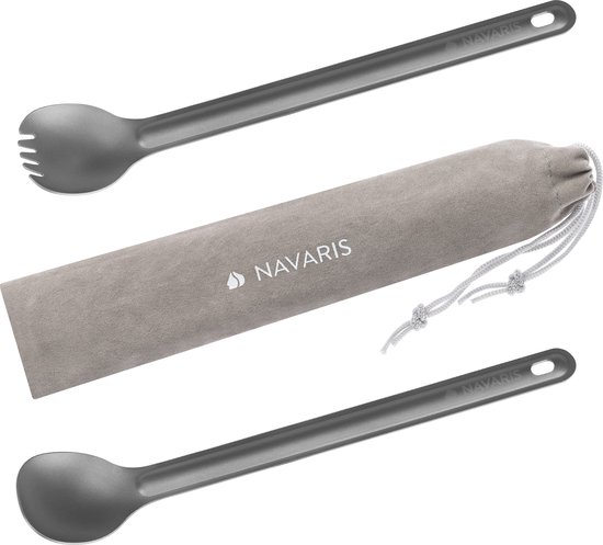 Navaris spork en lepel met extra lange handgreep - Campingbestek van titanium - Bestek voor onderweg - Lichtgewicht - Inclusief bewaarzakje