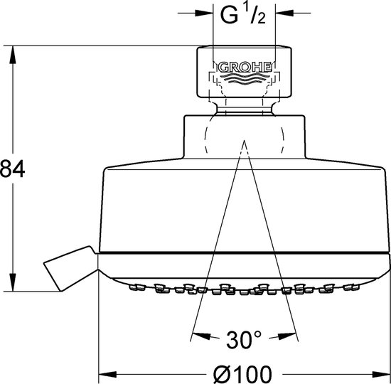 Technische tekening van de GROHE douchekop met afmetingen: Ø100mm, 84mm hoog, 30° hoek.