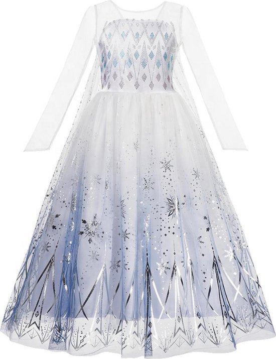 Prinses - Elsa ijskristallen jurk - Prinsessenjurk - Verkleedkleding - Feestjurk - Sprookjesjurk - Blauw - Maat 140 (8/9 jaar)