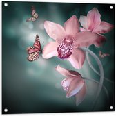 Tuinposter – Sprookjesachtige Vlinders op Bloemen - 80x80cm Foto op Tuinposter  (wanddecoratie voor buiten en binnen)