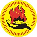 Logo: een gele cirkel met een zwarte hand die een rode vlam vasthoudt, omringd door rode streepjes.