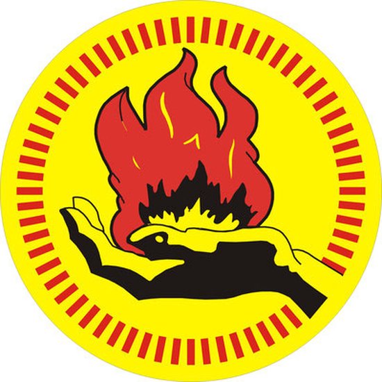 Logo: een gele cirkel met een zwarte hand die een rode vlam vasthoudt, omringd door rode streepjes.