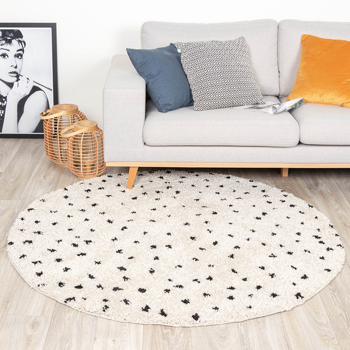 Fraai Rond hoogpolig vloerkleed - Grand Dots Creme/Zwart - Ø 150cm