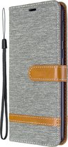 Samsung Galaxy A21 Hoesje - Mobigear - Fabric Serie - Katoen Bookcase - Grijs - Hoesje Geschikt Voor Samsung Galaxy A21