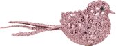 4x stuks decoratie vogels op clip glitter roze 12 cm - Decoratievogeltjes/kerstboomversiering/bruiloftversiering