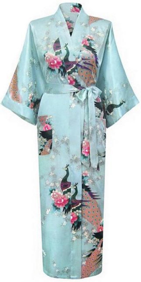 KIMU® lange kimono lichtblauw satijn - maat L-XL - ochtendjas kamerjas badjas maxi