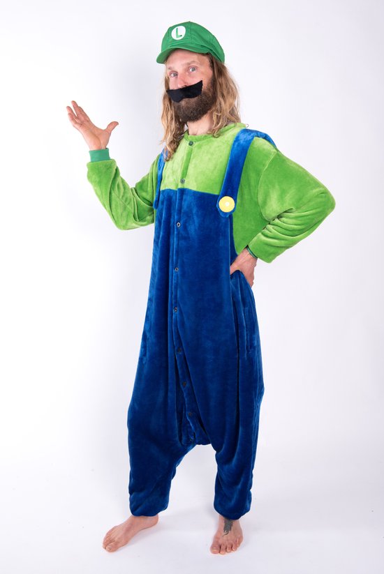 KIMU Onesie Groen Blauwe Overall met Pet - Maat XS-S - Pak Kostuum Jumpsuit Huispak Fleece Pyjama Volwassenen Heren Dames Luigi Loodgieter Festival