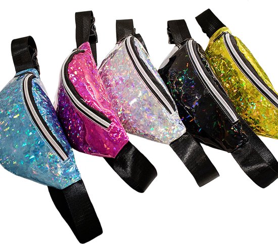 Vijf holografische heuptasjes in verschillende kleuren: blauw, roze, zilver, zwart en geel.