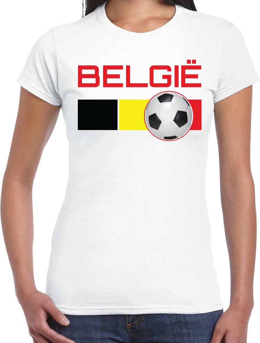 Belgie voetbal / landen t-shirt met voetbal en Belgische vlag - wit - dames - Belgie landen shirt / kleding - EK / WK / Voetbal shirts M
