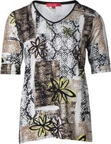 Dames shirt km, bloemenprint zwart taupe geel | Maat 2XL