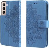 Voor Samsung Galaxy S21+ 5G 7-bloemblaadje Bloemen Embossing Patroon Horizontale Flip PU Lederen Case met Houder & Kaartsleuven & Portemonnee & Fotolijst (Blauw)