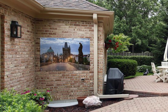 Affiche Pont Charles au petit matin avec un ciel nuageux sur le jardin de Prague 120x80 cm - Toile de jardin / Toile d'extérieur / Peintures pour l'extérieur (décoration de jardin)