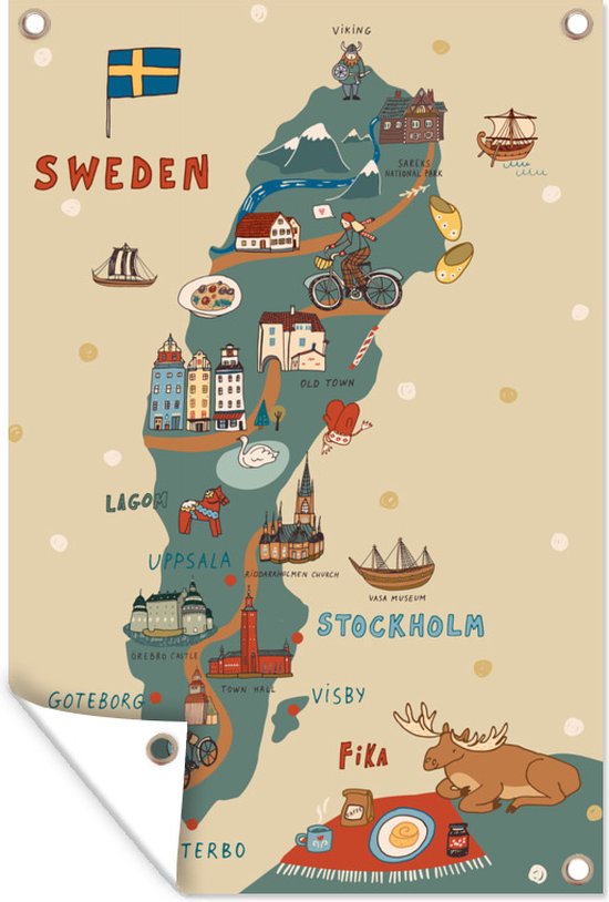 Tuinposter - Tuindoek - Tuinposters buiten - Illustratie Scandinavië met de landkaart van Zweden en een eland - 80x120 cm - Tuin