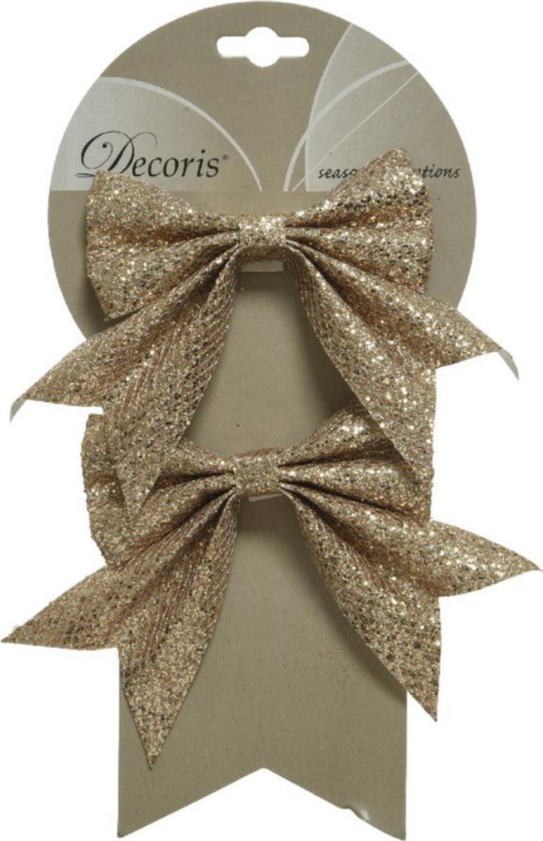 Decoris 8x strikjes champagne glitter op clip - 18 x 14 cm - Kerstversiering - Boomdecoratie - Feestelijk - Makkelijk te bevestigen
