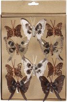 20x stuks decoratie vlinders op clip bruin tinten - Kerstversiering/woondecoratie/bruiloft versiering