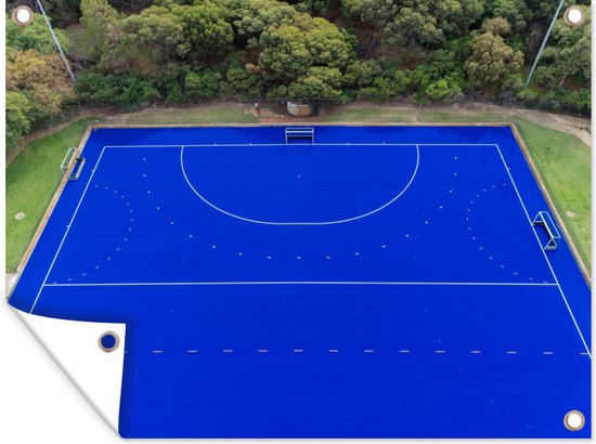 Tuin decoratie Luchtfoto van een blauw hockey veld - 40x30 cm - Tuindoek - Buitenposter