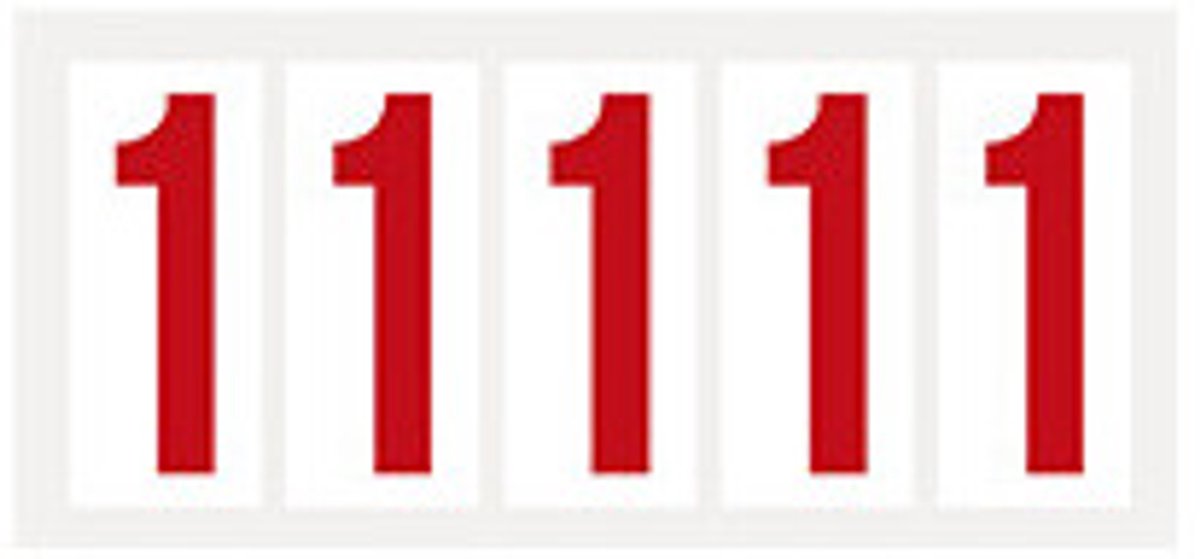 Cijfer stickers 0-9 - zelfklevende folie - 20 kaarten - rood wit teksthoogte 75 mm Cijfer 1