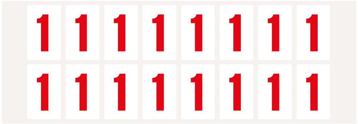 Cijfer stickers 0-9 - zelfklevende folie - 20 kaarten - rood wit teksthoogte 25 mm Cijfer 1