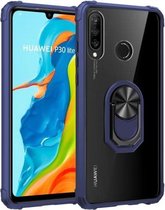 Voor Huawei P30 lite schokbestendig transparant TPU + acryl beschermhoes met ringhouder (blauw)