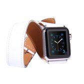 Voor Apple Watch 38 mm dubbele cirkel stijl metalen gesp koeienhuid lederen horlogeband met connector (wit)
