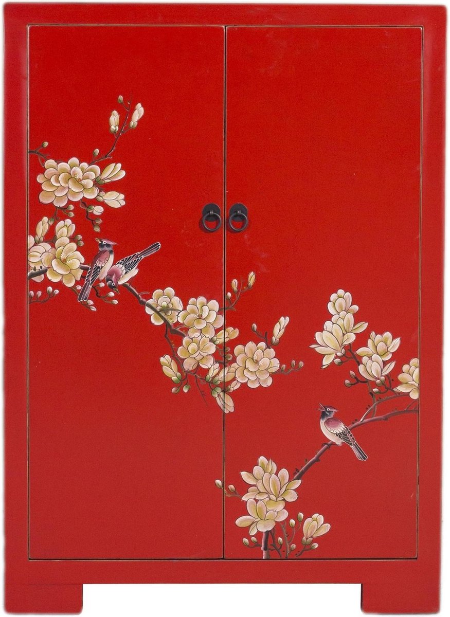 Fine Asianliving Chinese Kast Rood Bloesems Handgeschilderd B80xD35xH99cm Chinese Meubels Oosterse Kast