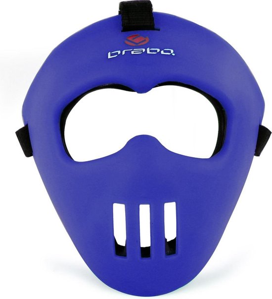 Blauw Brabo spelersmasker, met gaten voor ogen en mond, en 'Brabo' logo boven de ogen.