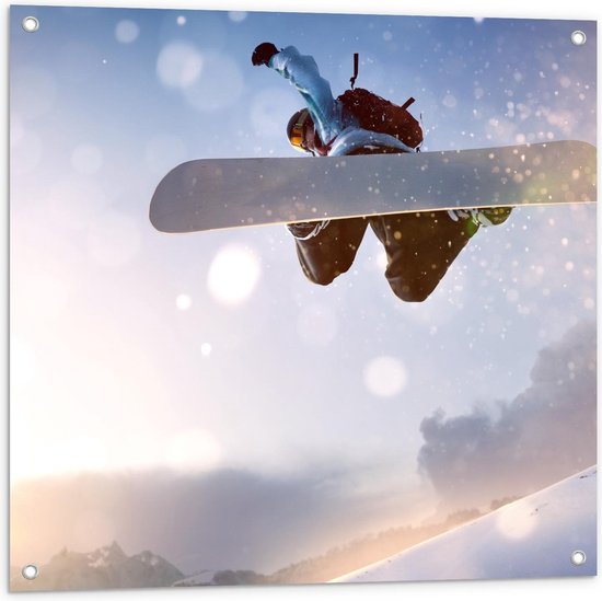 Tuinposter – Achteraanzicht van Snowboarder - 80x80cm Foto op Tuinposter  (wanddecoratie voor buiten en binnen)