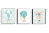 Poster Set 3 Panda Giraf Olifant in een Luchtballon - Kinderkamer - Dierenposter - Babykamer / Kinderposter - Babyshower Cadeau - Muurdecoratie - 70x50cm - Postercity