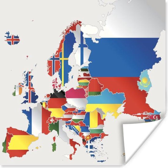 Detailed vector map of Europe with border states and national flags 40x30 cm - klein - Foto print op Poster (wanddecoratie woonkamer / slaapkamer)