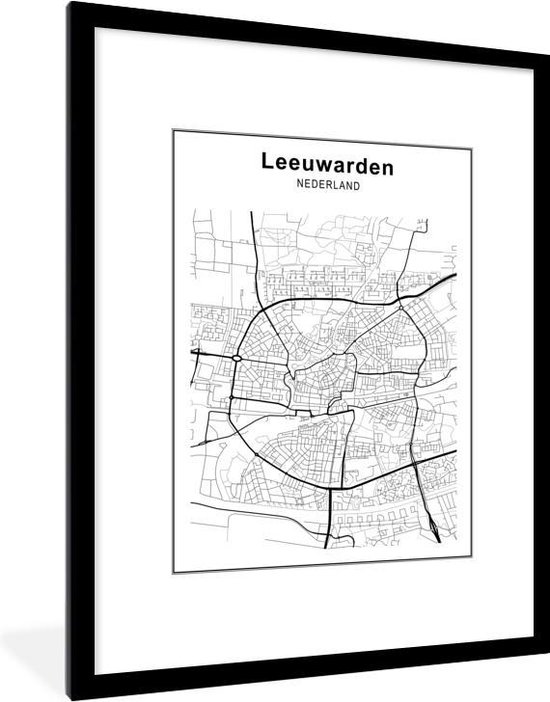 Fotolijst incl. Poster Zwart Wit Stadskaart Leeuwarden Zwart Wit