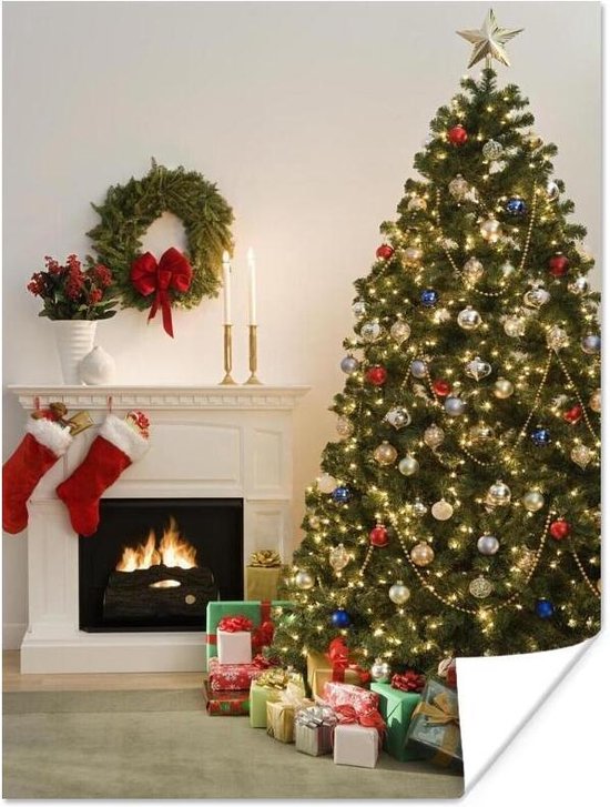 Poster Een kerstboom met cadeautjes naast een open - cm XXL bol.com