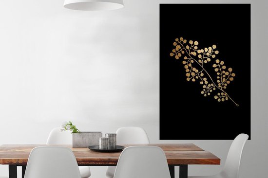 Branche à feuilles rondes dorées sur fond noir 80x120 cm