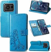 Voor Sharp R6 Vierbladige Gesp Reliëfgesp Mobiele Telefoon Bescherming Lederen Case met Lanyard & Kaartsleuf & Portemonnee & Beugel Functie (Blauw)