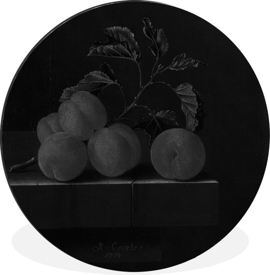 WallCircle - Wandcirkel - Muurcirkel - Stilleven met vijf abrikozen - schilderij van Adriaen Coorte in zwart/wit. - Aluminium - Dibond - ⌀ 30 cm - Binnen en Buiten