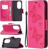 Voor Huawei P50 Pro Twee Vlinders Reliëfpatroon Horizontale Flip Leren Case met Houder & Kaartsleuf & Portemonnee & Lanyard (Rose Rood)