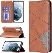 Voor Samsung Galaxy S21 FE Rhombus Texture Horizontale Flip Magnetische Leren Case met Houder & Kaartsleuven & Portemonnee (Bruin)