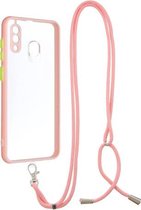 Voor Samsung Galaxy A20 / A30 Transparante pc + TPU-telefoonhoes met knop in contrastkleur en nekkoord (roze)
