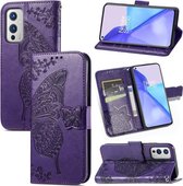 Voor OnePlus 9 Butterfly Love Flowers Reliëf Horizontale Flip Leren Case met Houder & Kaartsleuven & Portemonnee & Lanyard (Donkerpaars)