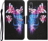 Voor Samsung Galaxy A02 Gekleurde tekening patroon Horizontale Flip PU lederen tas met houder & kaartsleuven & portemonnee & lanyard (drie fluorescerende vlinders)