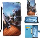 Voor Xiaomi Mi 10S Gekleurd tekeningpatroon Plain Weave Horizontale flip lederen tas met houder & kaartsleuf & portemonnee & lanyard (spiegel kat)