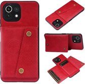 Voor Geschikt voor Xiaomi Mi 11 Lite dubbele gesp PU + TPU schokbestendige magnetische beschermhoes met kaartsleuf en houder (rood)