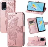 Voor OPPO A54 4G Vlinder Liefde Bloemen Reliëf Horizontale Flip Lederen Case met Houder & Kaartsleuven & Portemonnee & Lanyard (Rose Goud)