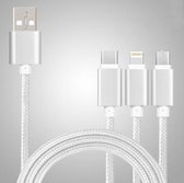 5 STUKS 2A 3 in 1 USB naar USB-C / Type-C + 8-pins + micro-USB gevlochten datakabel (zilverwit)