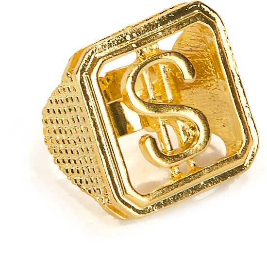 Carnaval/verkleed spullen/sieraden - Gouden dollar ring verstelbaar - Gangster/Pimp accessoires