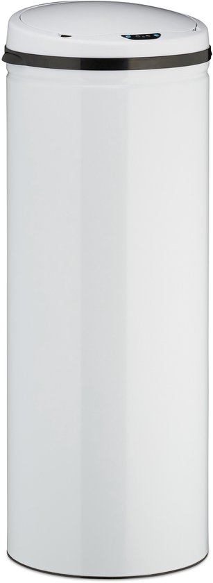 Een witte, ronde sensor prullenbak van 80 cm hoog en 30 cm breed staat op een witte achtergrond.